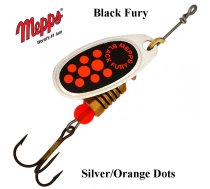 Rotējošais māneklis Mepps Black Fury Silver Orange Dots 6.5 g