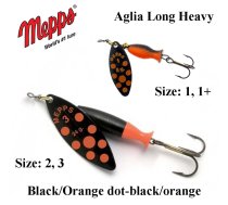 Rotējošais māneklis Mepps Aglia Long Heavy Black/Orange Dots-Bla 24 g