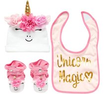 Rising Star Baby Girl Unicorn Hat, Bib, and Bootie Gift Box Set, Pink and White, Age 6-12 Months (GNX88614AZ)