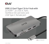 CLUB3D USB 3.2 Gen1 Type-C 8-in-1 hub with 2x HDMI, 2x USB-A, RJ45, SD/ Micro SD card slots and USB Type-C female port