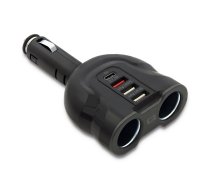 Qoltec 50641 Car Charger 12-24V | 52W | 5V | 2.4A| 2xUSB | USB QC 3.0 | USB C PD | 2x Cigarette Lighter Splitter