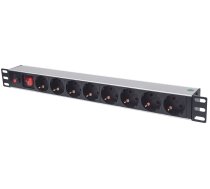 Intellinet 19" 1U Rackmount 8-Way Power Strip - German Type, With On/Off Switch and Overload Protection, 3m Power Cord (Euro 2-pin plug)