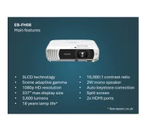 Epson EB-FH08 3600 ANSI lūmeni 3LCD 1080p (1920x1080) Balts
