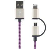 Mob. telefona kabelis STREETZ USB-microUSB+Lightning, 1.0m, violets / IPLH-243