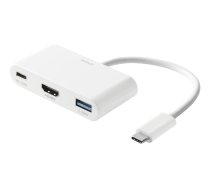 DELTACO USB-C līdz HDMI / USB A adapteris, 4K 30Hz, USB-C PD 3.0 100W, vit