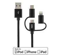 Phone cable STREETZ, USB-microUSB+Lightning+USB-C, 1.0m, black / IPLH-584