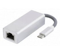 DELTACO USB-C network adapter, Gigabit, 1xRJ45, 1xUSB Type C male, aluminum, white bag, 0.1m cloth coated cable, silver/ USBC-1080