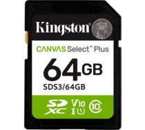 Kingston Canvas Select Plus | 64 GB | SD | Flash memory class Class 10, UHS-I, U1/U3, Video Class 10/30 SDS3/64GB | 740617348255