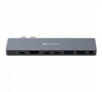 CANYON DS-8 Multiport Docking Station with 8 port, 1*Type C PD100W+2*Type C data+2*HDMI+2*USB3.0+1*Audio. Input 100-240V, Output USB-C PD100W&USB-A 5V/1A, Aluminium alloy, Space gray, 135*48*10mm, 0.056kg (CNS-TDS08DG)