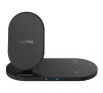 CANYON WS-202, 2in1 Wireless charger, Input 5V/3A, 9V/2.67A, Output 10W/7.5W/5W, Type c cable length 1.2m, PC+ABS,with PU part ,180*86*111.1mm, 0.185Kg,Black (CNS-WCS202B)