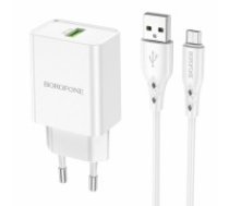 Borofone BN5 tālruņa lādētājs | USB | Quck Charge 3.0 | 18W | + Micro USB kabelis, balts (BRBN530WH)