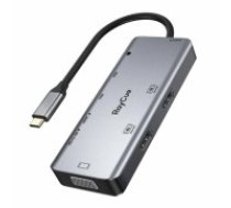 Hub 9in1 RayCue USB-C to 2x USB-A 3.0 5Gbps + 2x SD|TF 3.0 + 2x HDMI 4K30Hz + VGA 1080p + jack 3.5mm + PD 3.0 100W (gray) (HYD-RC2901)