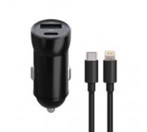 Maxlife MXCC-04 PD QC car charger 1x USB-C 1x USB 20W black + USB-C - Lightning cable 27W (OEM0400389)