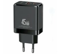 USAMS 1xUSB-C+1xUSB 45W (tikai lādētājs) GaN PD3.0 +QC3.0 ātrais lādētājs| Melns (US-CC178) (CC178TC01)