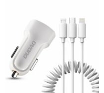 Dudao car kit 2x USB 2.4A charger + 3in1 Lightning | Type C | micro USB cable white (R7 white) (DUDAO CAR CHARGER R7)