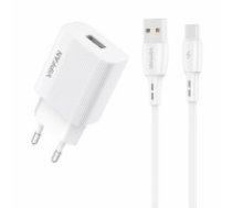 Network charger Vipfan E01, 1x USB, 2.4A + USB-C cable (white) (E01S-TC)