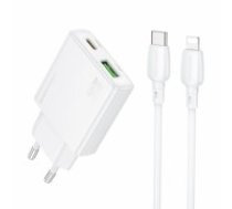 OEM Borofone Wall charger BN25 Wish - USB + Type C - PD QC 3.0 30W with Type C to Lightning cable white (ŁAD001854)