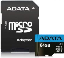 Atmiņas kartes ADATA 64Gb MicroSD (AUSDX64GUICL10A1-RA1)