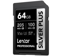 LEXAR SDXC PROFESSIONAL SILVER PLUS UHS-I/U3/A2/4K R205/W100 (V30) 64GB Atmiņas karte