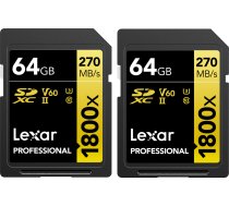LEXAR PRO 1800X SDXC U3 (V60) UHS-II R270/W180 64GB - 2PACK LSD1800064G-B2NNU Atmiņas karte