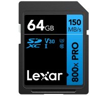 LEXAR SDXC 800X PRO UHS-I CARDS, C10 (V30) U3, R150, 64GB Atmiņas karte