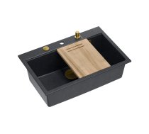MARC WORKSTATION 1-bowl sink + Push-2-Open siphon + liquid dispenser + drain cover + wooden board black diamond / gold elements