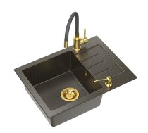 ART MORGAN 210 (O51x20) GraniteQ Art Gold Black Pearl with manual siphon, mixer tap Maggie and dispenser - black pearl gold