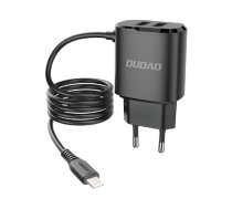Dudao EU tīkla lādētājs ar 2x USB un iebūvētu 12W Lightning vadu 1m Black (DUD-A2ProL)