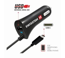 Swissten Premium Auto Lādētājs 12 / 24V / 2.4A + iebūvēts USB-C Datu Kabelis 1m (SW-CCH-2.4ATYPCIN-B)