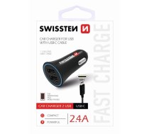 Swissten Auto Lādētājs 12 / 24V / 1A + 2.1A + USB-C Datu Kabelis 1m (SW-CCH-2.4ATYPC-B)