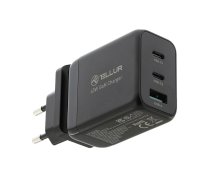 Tellur GaN 65W 3-port wall charger, 2xUSB-C + USB-A, EU,UK,US, black