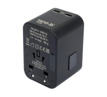 Universāls ceļojuma strāvas adapteris USB-C 65W USB QC3.0 Melns YT-81303 Yato (YT-81303)