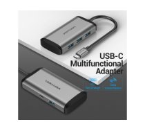 Vention docking station 5in1: USB-C to USB3.0 x 4/PD converter 0.15m Grey metal type