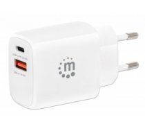 Manhattan Wall/Power Mobile Device Charger (Euro 2-pin), USB-C and USB-A ports, USB-C Output: 20W, USB-A Output: 18W, White, Phone/Tablet Charger, Three Year Warranty, Retail Box