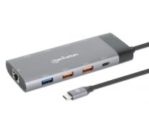 Manhattan USB-C Dock/Hub, Ports (x10): Ethernet, HDMI (x2 8k), USB-A (x5) and USB-C (x2), With Power Delivery (100W) to USB-C Port (Note additional USB-C wall charger and USB-C cable needed), USB 3.2 Gen 2, All Ports can be used at the same time, Aluminiu