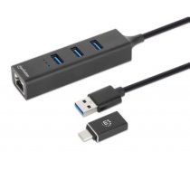 Manhattan USB-C & USB-A Combo Dock/Hub, Ports (4): Ethernet and USB-A (x3), 5 Gbps (USB 3.2 Gen1 aka USB 3.0), External Power Supply Not Needed, USB-A Male with Attachable USB-C Male Adapter, SuperSpeed USB, Black, Three Year Warranty, Retail Box