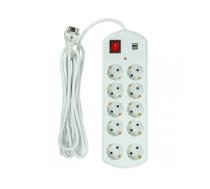 Extension cord 5m, 10 sockets, 2x USB, with switch