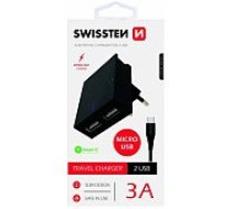 Swissten Premium Travel Charger 2 x USB 3A 15W + Micro USB Cable Black lādētājs