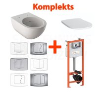 Komplekts 4 in 1 Keramag Acanto Rimfree piekaramais tualetes pods + KK-POL AQUAFIORI iebūvējamais tualetes poda (WC) rāmis + vāks Soft Close + Skalošanas poga