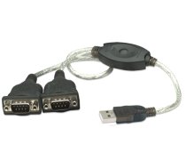 Manhattan USB-A to 2x Serial Ports Converter cable, 45cm, Male to Male, Serial/RS232/COM/DB9, Prolific PL-2303RA Chip, Black/Silver cable, Three Year Warranty, Blister (174947)