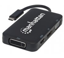 Manhattan USB-C Dock/Hub, Ports (x4): DisplayPort, DVI-I, HDMI or VGA, Note: Only One Port can be used at a time, External Power Supply Not Needed, Cable 8cm, Black, Three Year Warranty, Blis (152600)