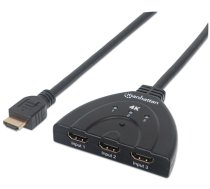 Manhattan HDMI Switch 3-Port, 4K@60Hz, Connects x3 HDMI sources to x1 display, Manual Switching (via button), Integrated Cable (58cm), No external power required, Black, Three Year Warranty,  (207874)