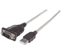 Manhattan USB-A to Serial Converter cable, 45cm, Male to Male, Serial/RS232/COM/DB9, Prolific PL-2303RA Chip, Equivalent to Startech ICUSB232V2, Black/Silver cable, Three Year Warranty, Polyb (205153)