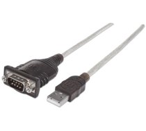 Manhattan USB-A to Serial Converter cable, 45cm, Male to Male, Serial/RS232/COM/DB9, Prolific PL-2303HXD Chip, Black/Silver cable, Three Year Warranty, Polybag (151801)