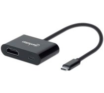 Manhattan USB-C to HDMI and USB-C (inc Power Delivery), 4K@60Hz, 19.5cm, Black, Power Delivery to USB-C Port (60W), Equivalent to CDP2HDUCP, Male to Females, Lifetime Warranty, Retail Box (153416)