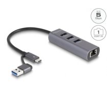 Delock 3 Port USB 5 Gbps Hub + Gigabit LAN with USB Type-C™ or USB Type-A connector in metal case (64282)