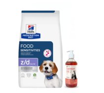 HILL'S PD Prescription Diet Canine z/d Pārtikas nepanesamība Zems tauku saturs 3 kg + LAB V Lašu eļļa suņiem un kaķiem 500 ml