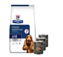 HILL'S PD Prescription Diet Canine z/d Food Sensitivity 10 kg + WILD FARM Monoprotein Pork 3x800 g hipoalerģiska barība suņiem