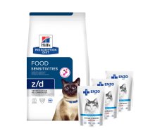 HILL'S PD Prescription Diet Feline z/d Pārtikas nepanesamība 3 kg + ENZO VET hipoalerģiski produkti kaķiem ar jēra želeju 3x100 g