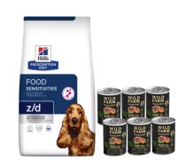 HILL'S PD Prescription Diet Canine z/d Food Sensitivity 10 kg + Wild Farm Monoprotein Pork 6x400 g hipoalerģiska barība suņiem